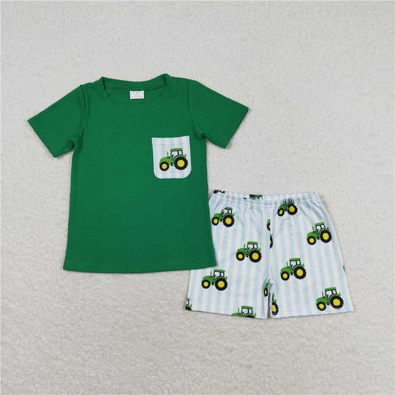 BSSO0903 Farm tractor pocket green short sleeve blue stripe shorts set