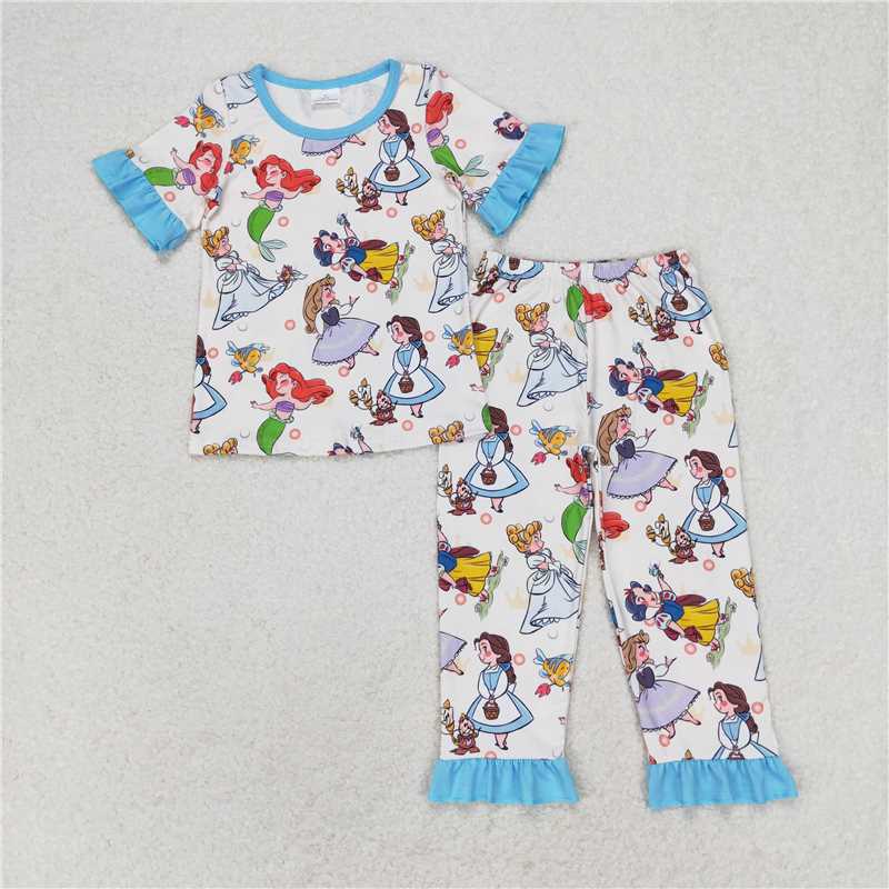 GSPO1556 Cartoon Disney Princess blue lace short-sleeved long pants pajamas set