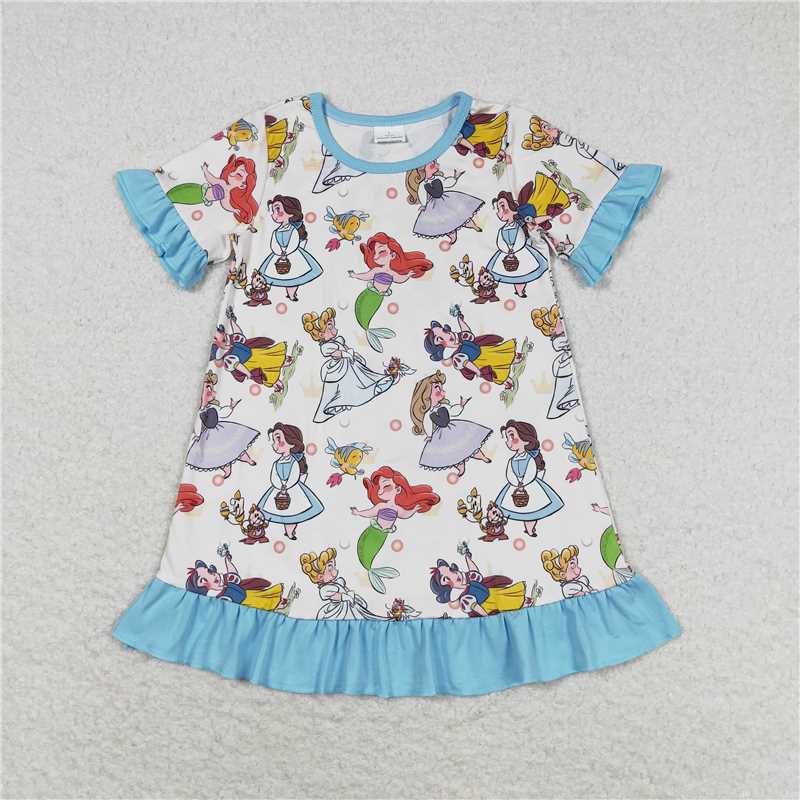 GSD1291 Cartoon Disney Princess Blue Lace Short Sleeve Dress