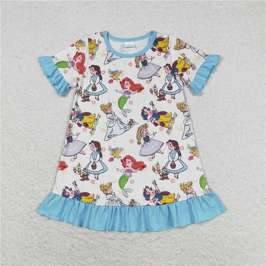 GSD1291 Cartoon Disney Princess Blue Lace Short Sleeve Dress