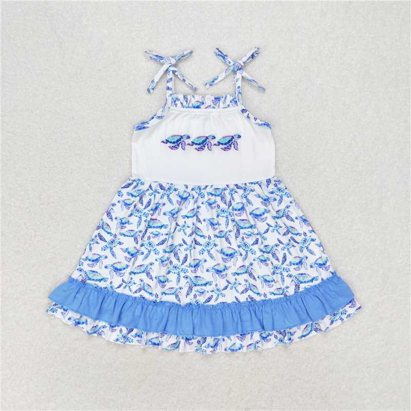 GSD1233 Embroidered turtle blue lace white suspender dress