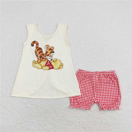 GSSO1282 Winnie the Pooh bow sleeveless beige red plaid shorts set