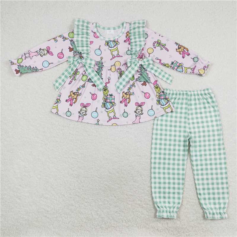 GLP1189 grinch Christmas gift green plaid lace bow pink long-sleeved trousers suit