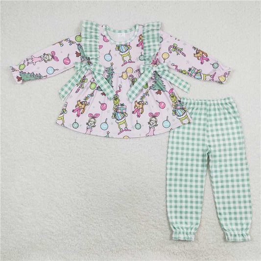 GLP1189 grinch Christmas gift green plaid lace bow pink long-sleeved trousers suit