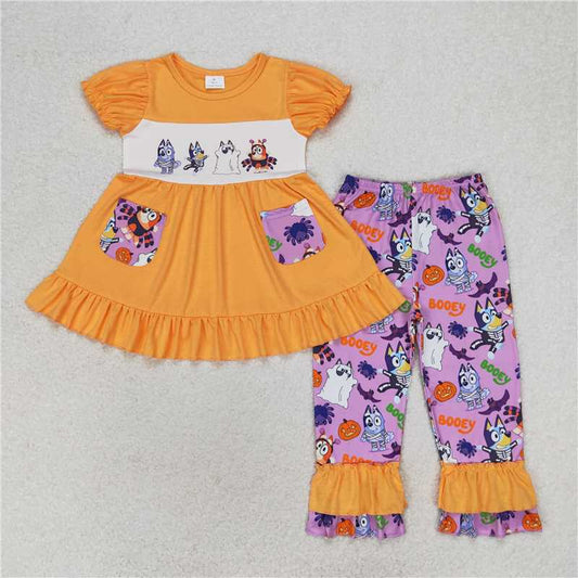 GSPO1569 bluey Halloween spider pumpkin lantern pocket orange short-sleeved trousers suit