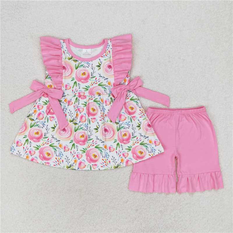 GSSO1003 Flower pink lace bow sleeveless shorts set