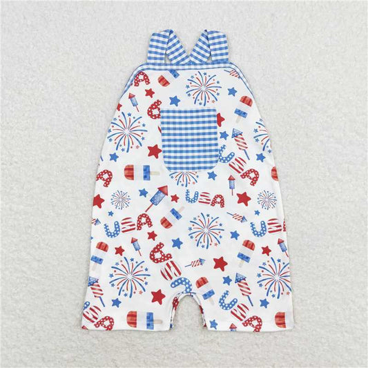 SR1366 usa star fireworks blue and white plaid pocket suspenders jumpsuit