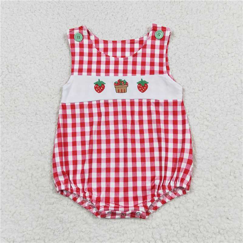 SR1468 Embroidered Strawberry Red Plaid Vest Bodysuit