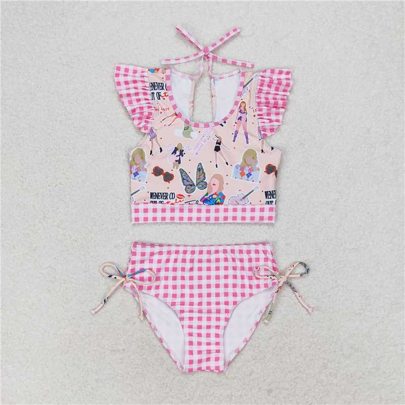 S0291 Taylor Swift rose pink plaid lace swimsuit set