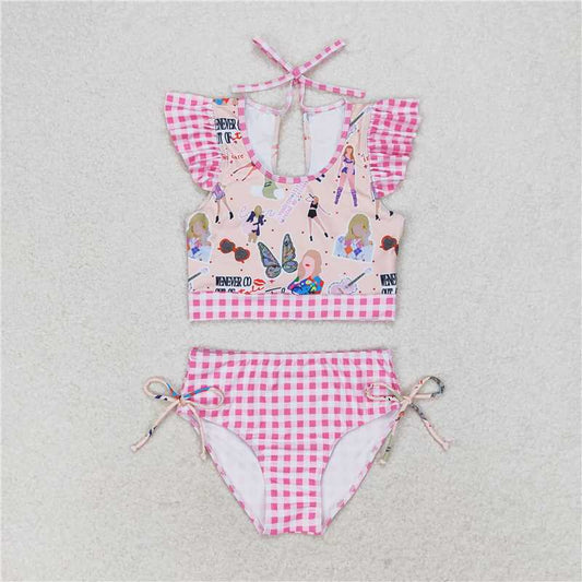 S0291 Taylor Swift rose pink plaid lace swimsuit set