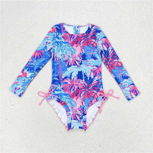 S0377 Blue zippered long-sleeved swimsuit with tree and forest pattern