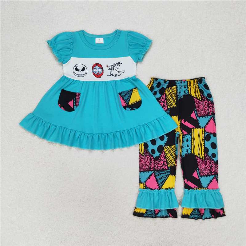 GSPO1579 The Nightmare Before Christmas patchwork pockets blue-green short-sleeved trousers suit