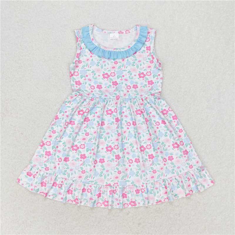 GSD1102 Flower pink and blue floral lace sleeveless dress