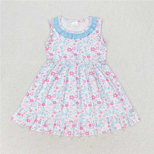 GSD1102 Flower pink and blue floral lace sleeveless dress