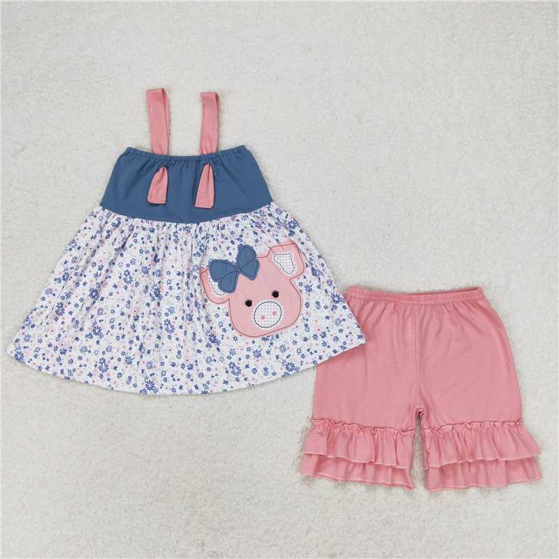 GSSO0493 Bow-knot piggy floral top and pink lace shorts set