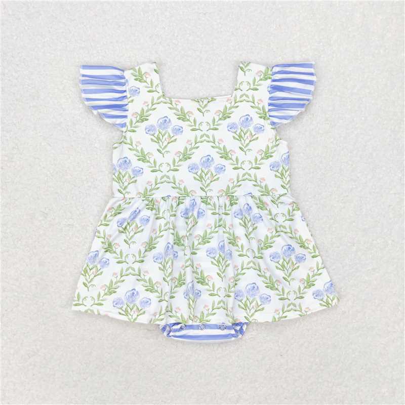 SR1371 Flower bouquet blue striped flying sleeve vest jumpsuit