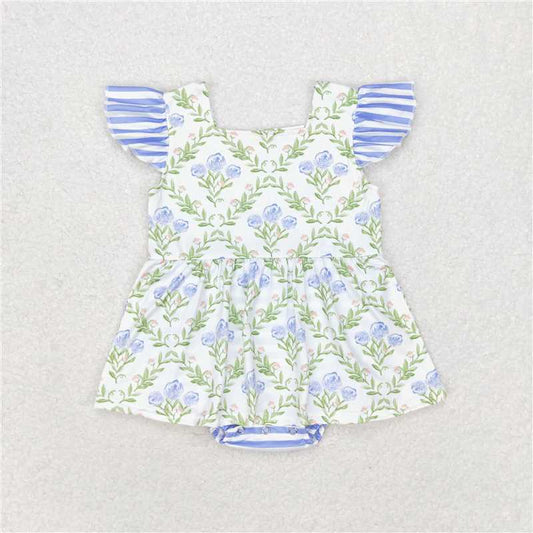 SR1371 Flower bouquet blue striped flying sleeve vest jumpsuit