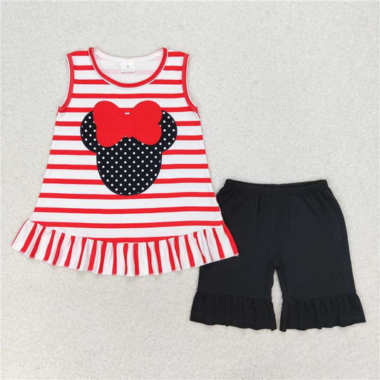 GSSO1022 Bow-knot Minnie Mickey red striped sleeveless black shorts set