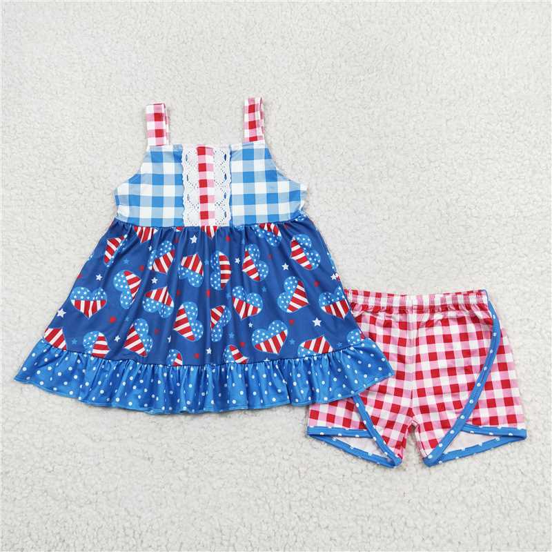 GSSO1294 National Day Love Dot Lace Plaid Sleeveless Shorts Set