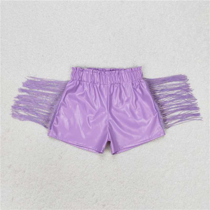 SS0251 Purple shiny leather fringe shorts