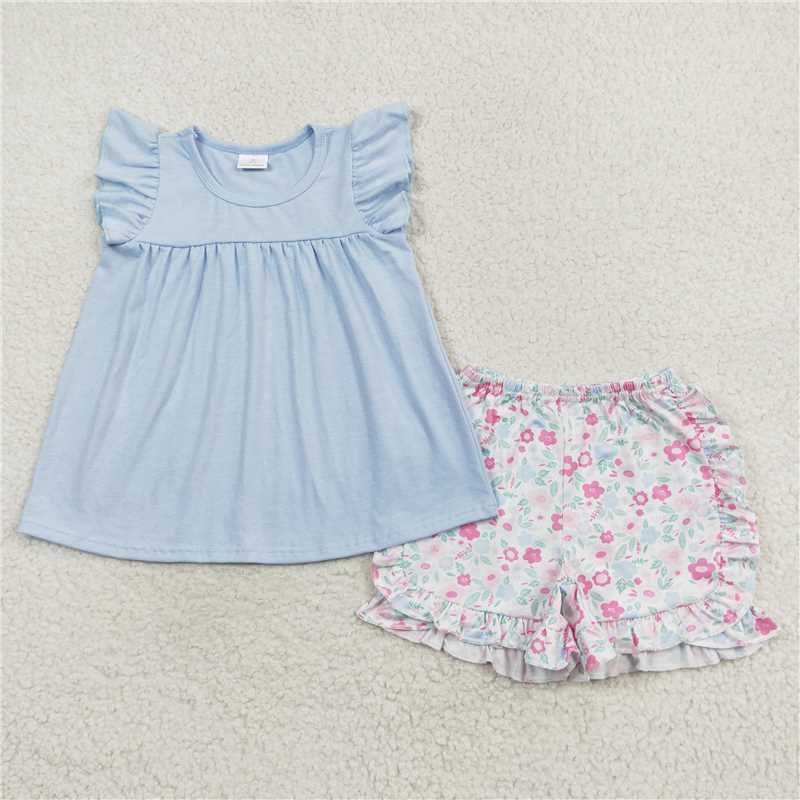 GSSO1056 Pure color flying sleeves powder blue floral shorts suit