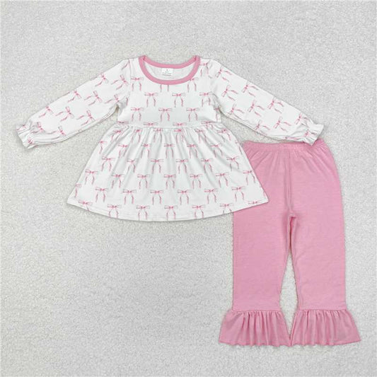 GLP1973 Pink and white long-sleeved trousers set with a bow pattern