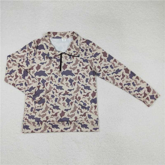 GT0828 Adult female pocket camouflage light brown zipper long-sleeved top