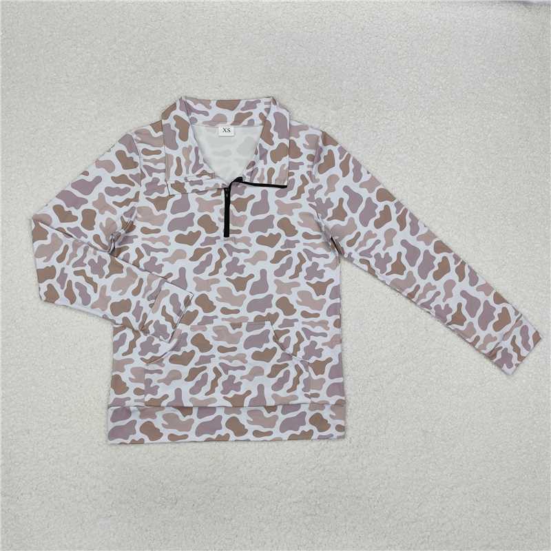 GT0831 Adult female pocket camouflage gray-brown zipper long-sleeved top