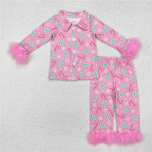 GLP2025 Crutch Snowflake Pink Plush Edge Long Sleeve Long Pants Pajama Set