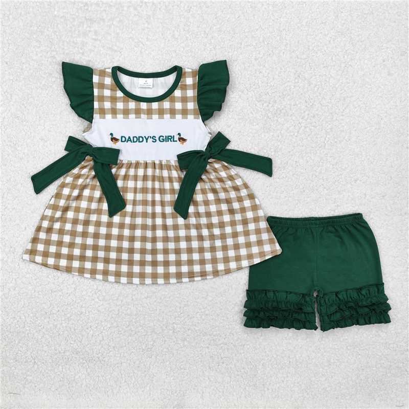 GSSO1646 Embroidered daddy's girl duck green lace butterfly plaid flying sleeve shorts suit