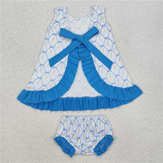 GBO0450 Flower bow stripe blue lace sleeveless briefs set