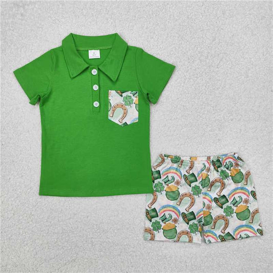 BSSO1165 Four-leaf clover gold coin rainbow hat pocket green short-sleeved shorts set