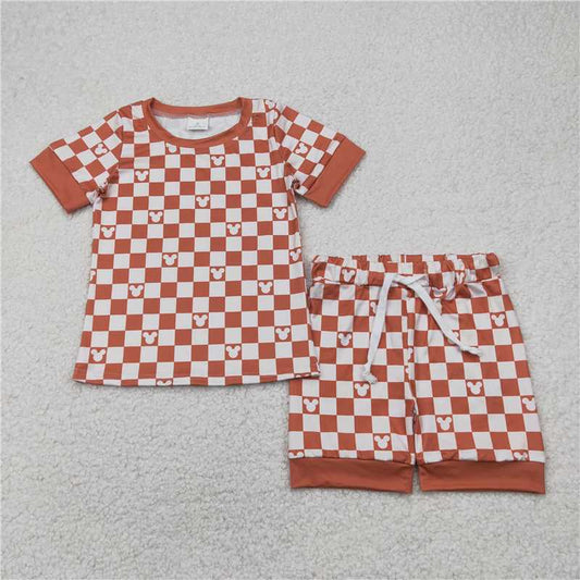 4.7 GSSO2232 Mickey yellow and brown plaid short-sleeved shorts suit