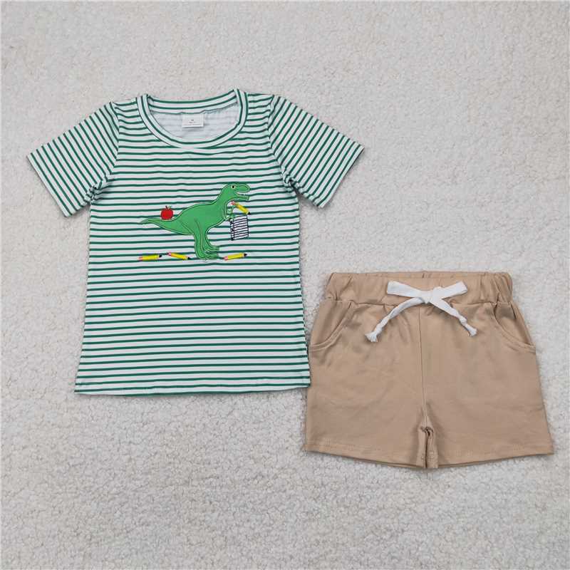 4.7  BSSO1416 Embroidery pencil dinosaur green striped grey shorts set