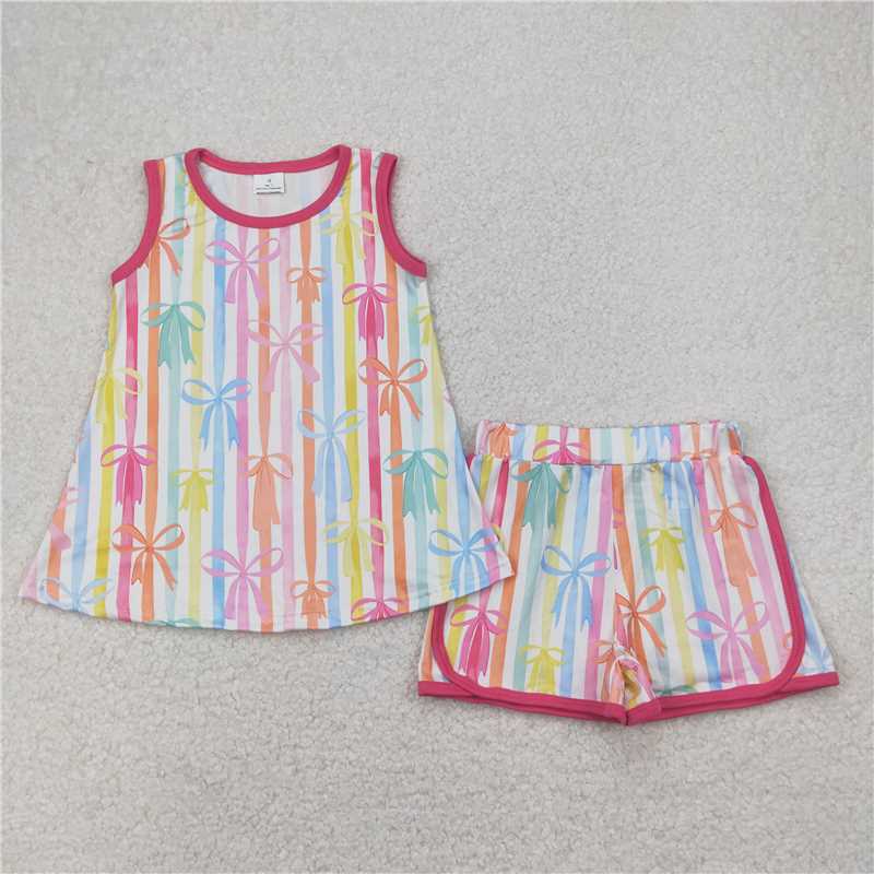 4.7 GSSO2465 Bow pattern colorful striped sleeveless shorts set