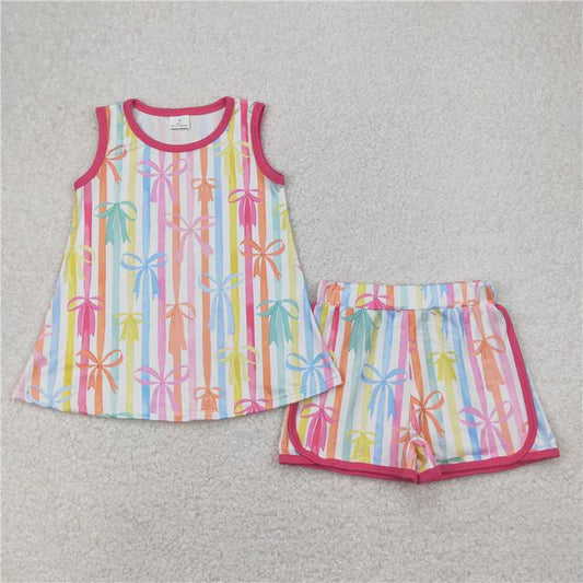 4.7 GSSO2465 Bow pattern colorful striped sleeveless shorts set