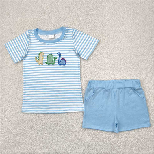 4.26 BSSO1375 Embroidered dinosaur blue striped short-sleeved shorts set