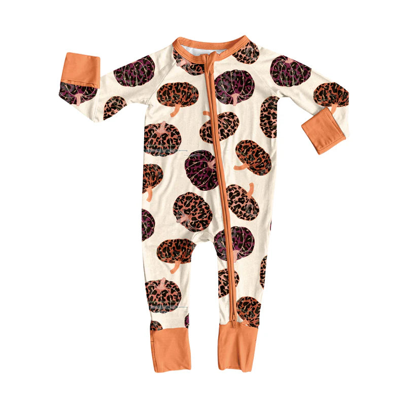 8.1Preorder(moq 5)Baby Girls Leopard Pumpkins Plaid Zipper Pant Rompers