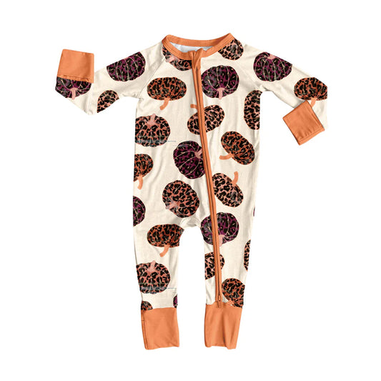 8.1Preorder(moq 5)Baby Girls Leopard Pumpkins Plaid Zipper Pant Rompers
