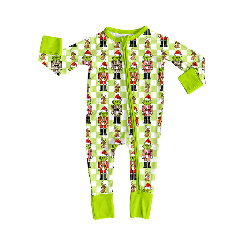 8.6Preorder(moq 5)Baby Infant Boys Long Sleeves Green Face Soldiers Plaid Christmas Zipper Rompers