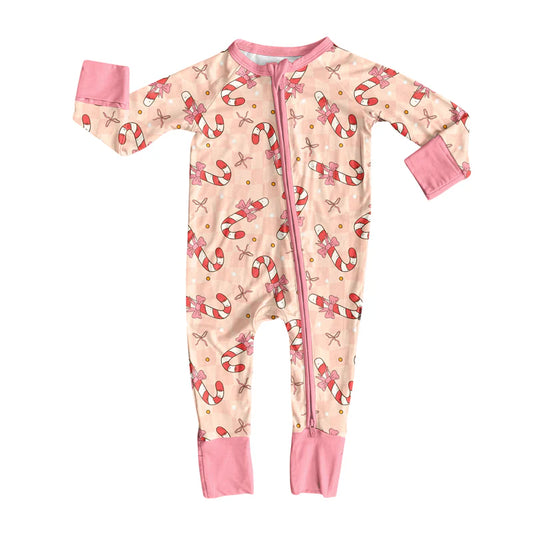 7.15Preorder (moq 5)Baby Girls Pink Long Sleeves Bows Candy Cane Plaid Zipper Romper