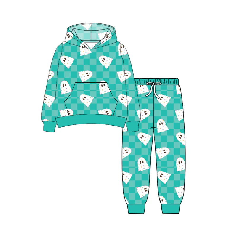 7.11Preorder (moq 5)Baby Boys Long Sleeves Blue Plaid Ghosts Button Pockets Hoodies Top Legging Pants Set