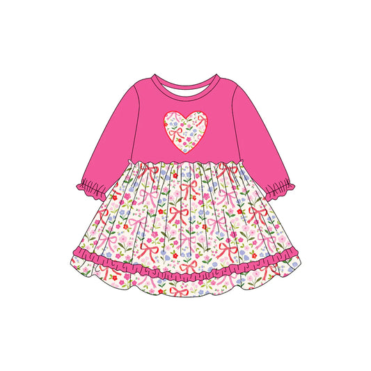 7.19Preorder (moq 5)Baby Girls Pink Long Ruffle Sleeves Bows Flowers Hearts Knee Length Dresses