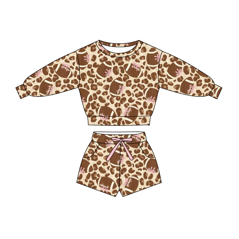 X1.16Preorder (moq 5)Baby Girls Bow Footballs Leopard Top Pockets Shorts Team Clothes Sets
