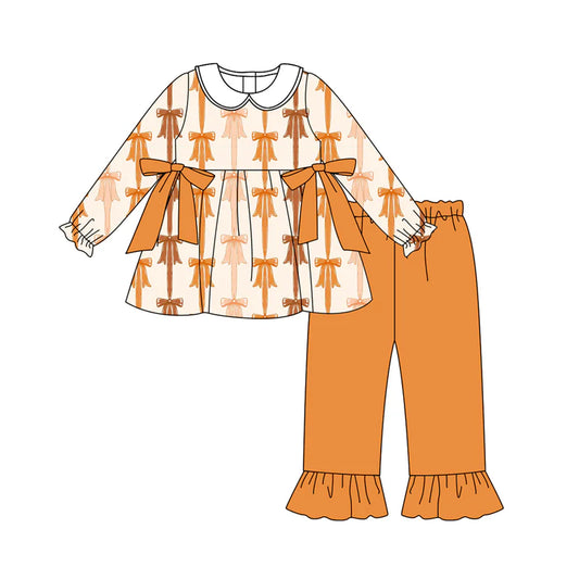 7.12Preorder (moq 5)Baby Girls Long Sleeves Yellow Bows Stripe Tunic Ruffle Pant Set