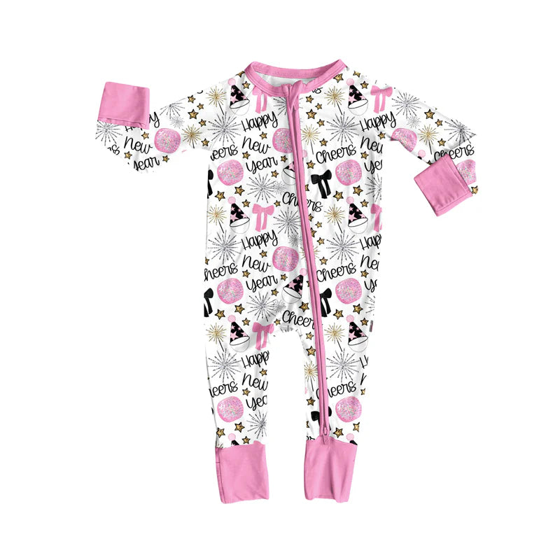 7.15Preorder (moq 5)Baby Girls Pink Long Sleeves Happy New Year Stars Zipper Romper