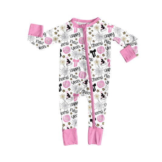 7.15Preorder (moq 5)Baby Girls Pink Long Sleeves Happy New Year Stars Zipper Romper