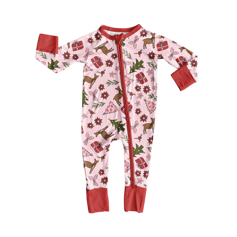 7.15Preorder (moq 5)Baby Girls Pink Long Sleeves Bows Holly Deer Zipper Romper