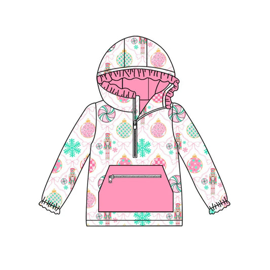 X101Preorder (moq 5)Baby Girls Pink Bows Soldiers Pocket Zipper Christmas Ruffle Hoodies Top