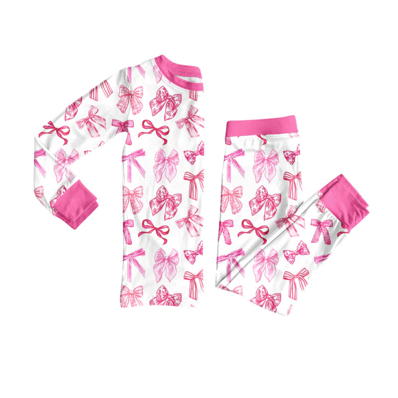 7.21Preorder (moq 5)Baby Girls Long Sleeves Pink Bows Plaid Top Pants Pajamas Set